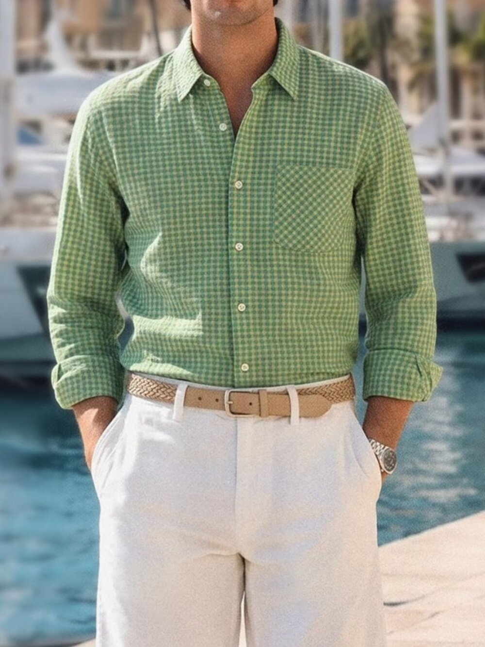 Green Plaid Button Front Regular Fit Men's Cotton Blend Roll Up Sleeve Shirt